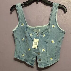 Love Tree Blue Denim Vest with Floral Embroidery